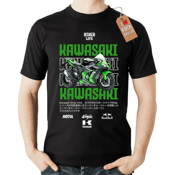 KAWASAKI Biker Life T-Shirt σε Μαύρο Χρώμα
